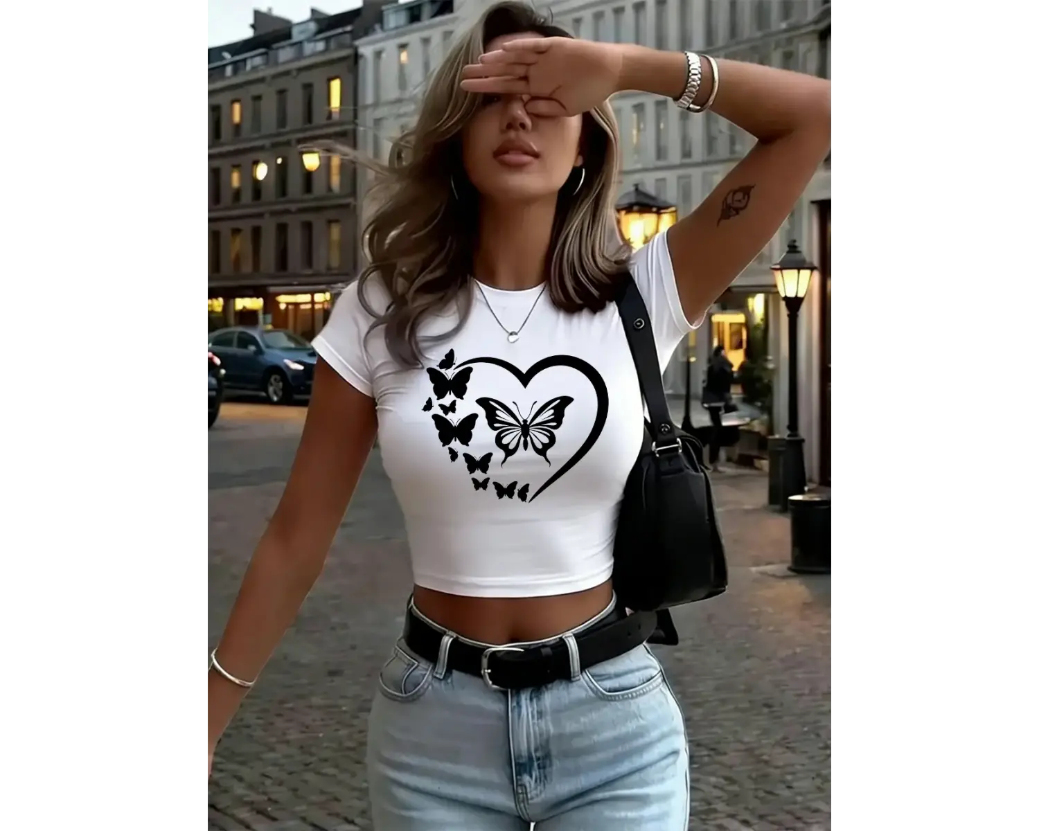 Kelebek Kalp Grafik Baskı Bayan Kırpma Üstleri Yaz Yumuşak Yüksek Elastik Tees Seksi Uydurma