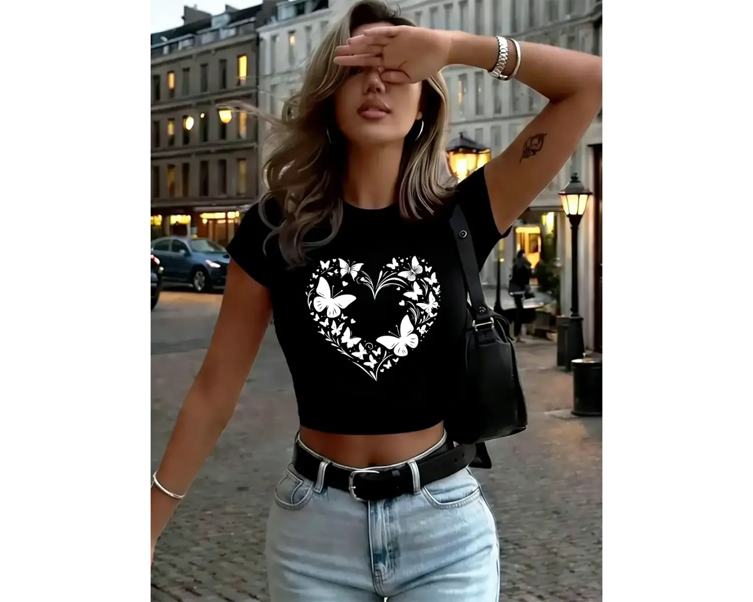 Kelebek Kalp Grafik Baskılar Bayan Kırpma Üstleri Yaz Yumuşak Yüksek Elastik Sokak Şıklığı Se