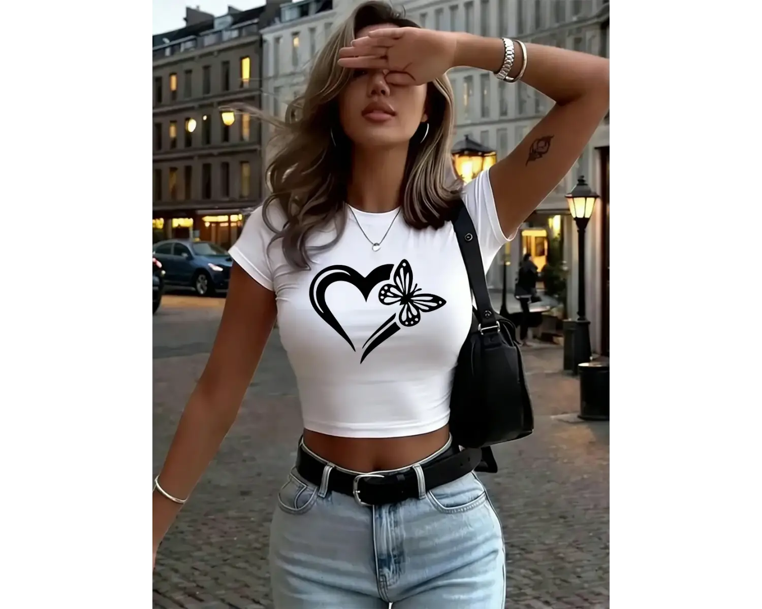 Kelebek Kalp Grafik Baskılar Kadın Kırpma Üstleri Yaz Yüksek Elastik Yumuşak T-Shirt Y2K Uydu