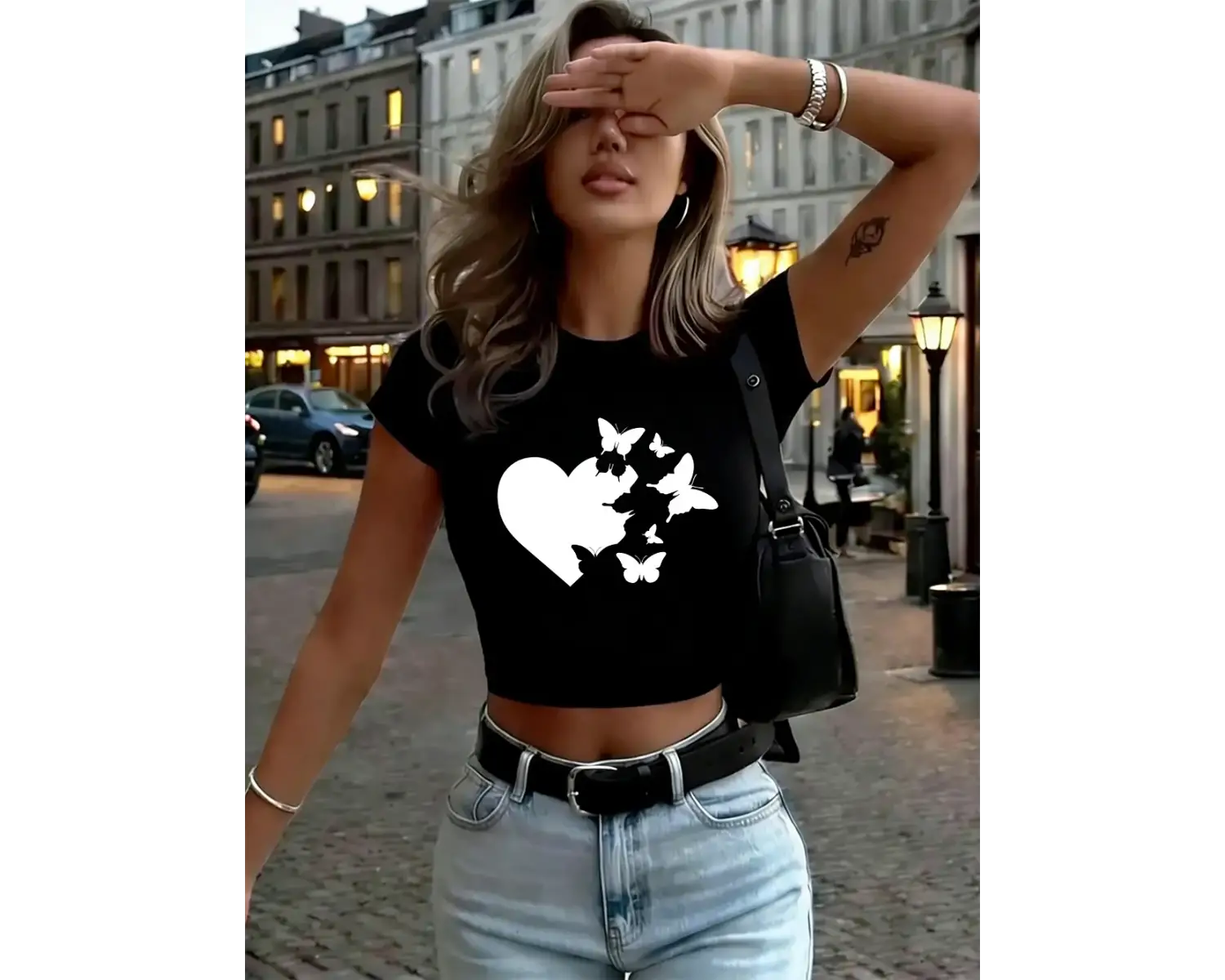 Kelebek Kalp Grafik Baskılı Bayan Kırpma Üstleri Yaz O-Boyun Yumuşak Tişörtler Seksi İnce Tiş