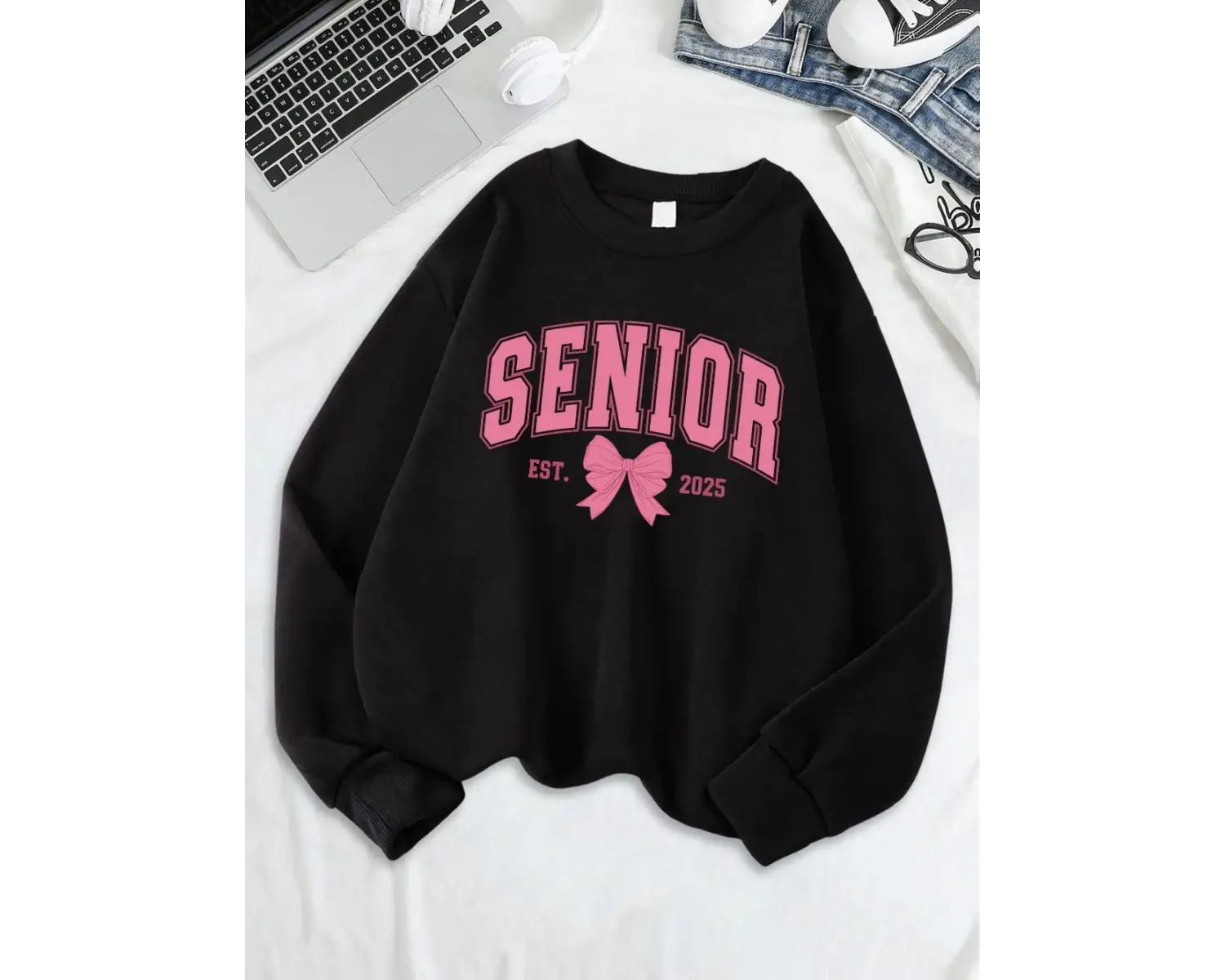 Kıdemli Pembe Yay Est 2025 Baskı Kazak Bayan Bisiklet Yaka Tüm Maç Kapüşonlular Gevşek Polar