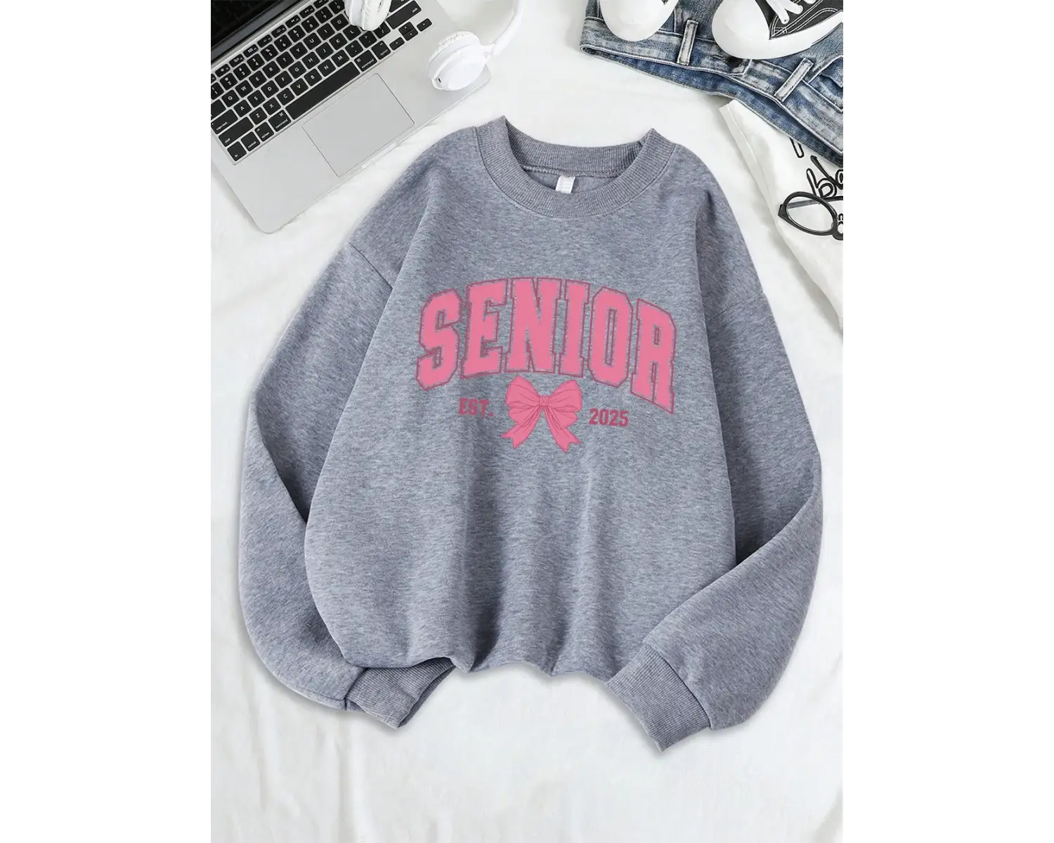 Kıdemli Pembe Yay Est 2025 Baskı Kazak Bayan Bisiklet Yaka Tüm Maç Kapüşonlular Gevşek Polar