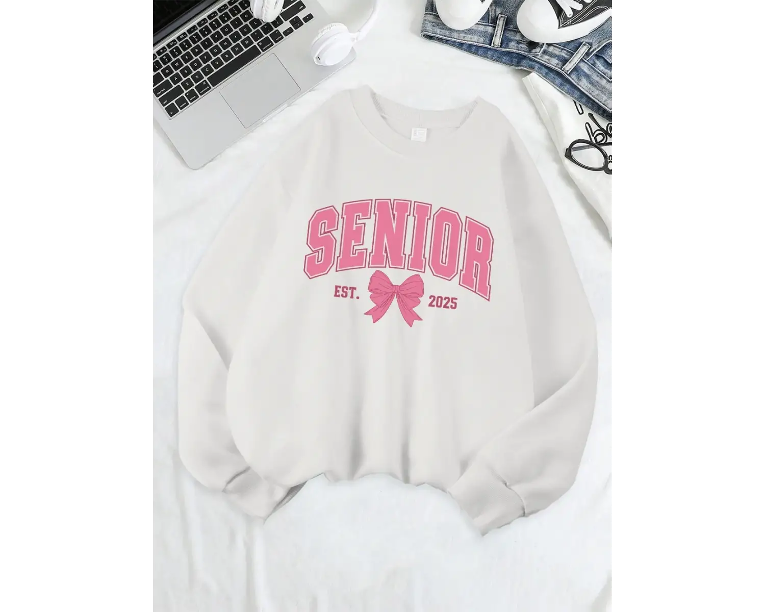 Kıdemli Pembe Yay Est 2025 Baskı Kazak Bayan Bisiklet Yaka Tüm Maç Kapüşonlular Gevşek Polar