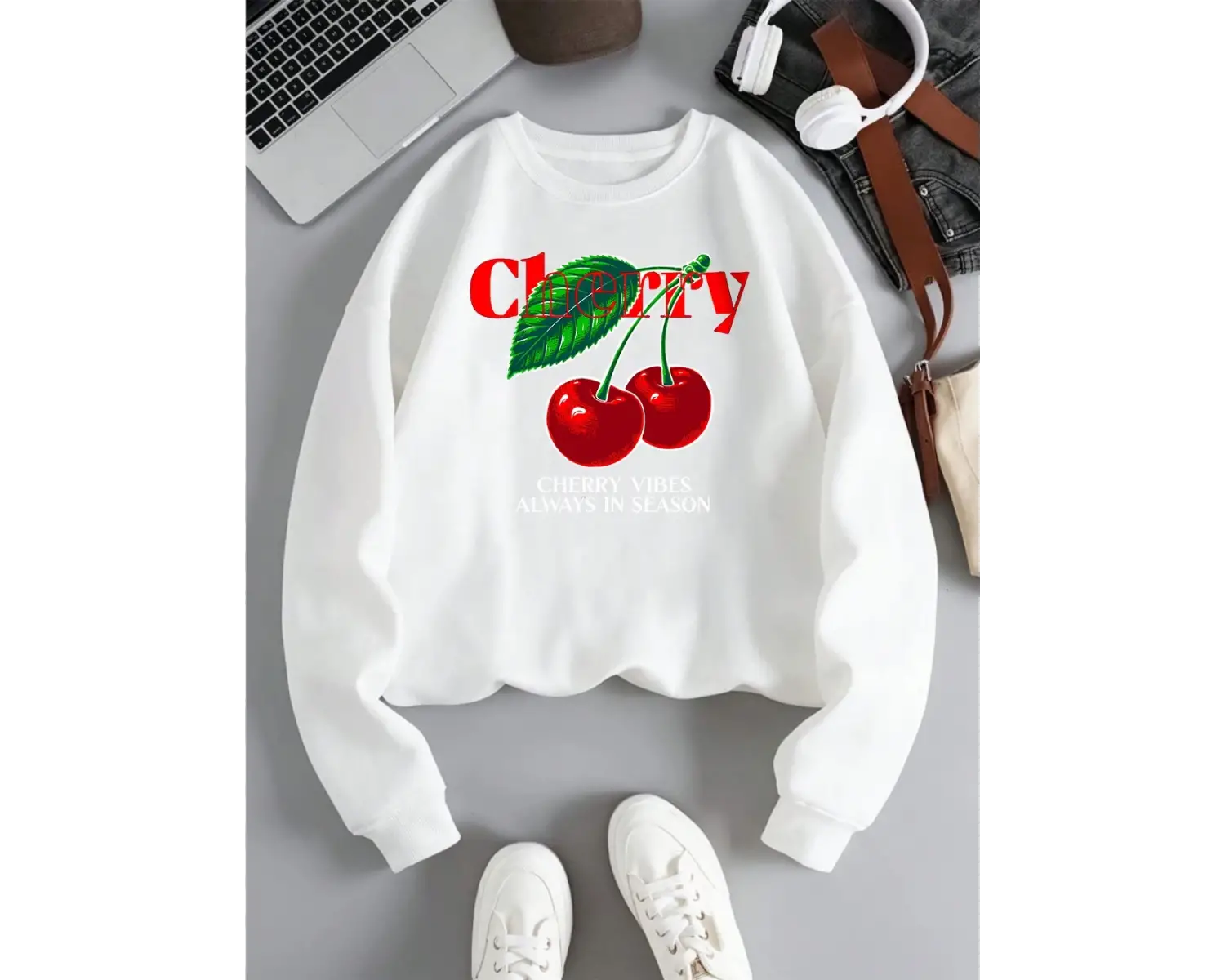 Kiraz Vibes Her Zaman Sezon Tişörtü Bayan Meyve Baskılı Kapüşonlular Crewneck Gevşek Polar Sı