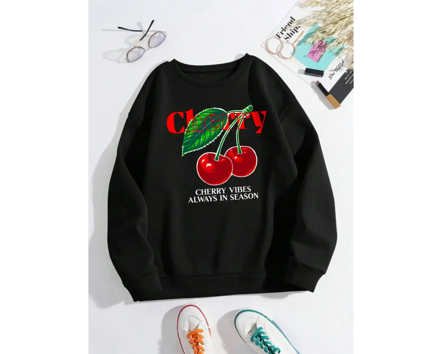 Kiraz Vibes Her Zaman Sezon Tişörtü Bayan Meyve Baskılı Kapüşonlular Crewneck Gevşek Polar Sı