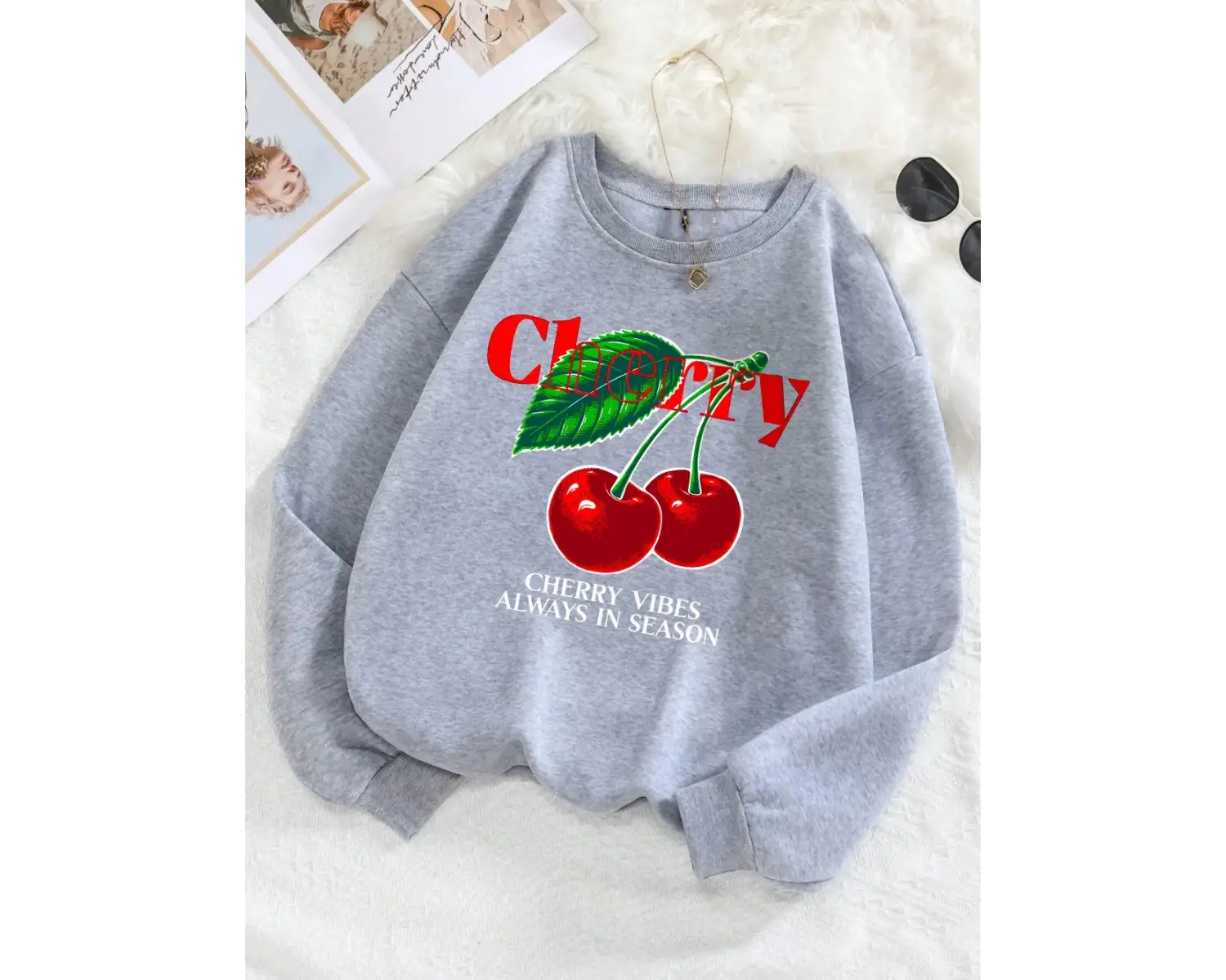 Kiraz Vibes Her Zaman Sezon Tişörtü Bayan Meyve Baskılı Kapüşonlular Crewneck Gevşek Polar Sı