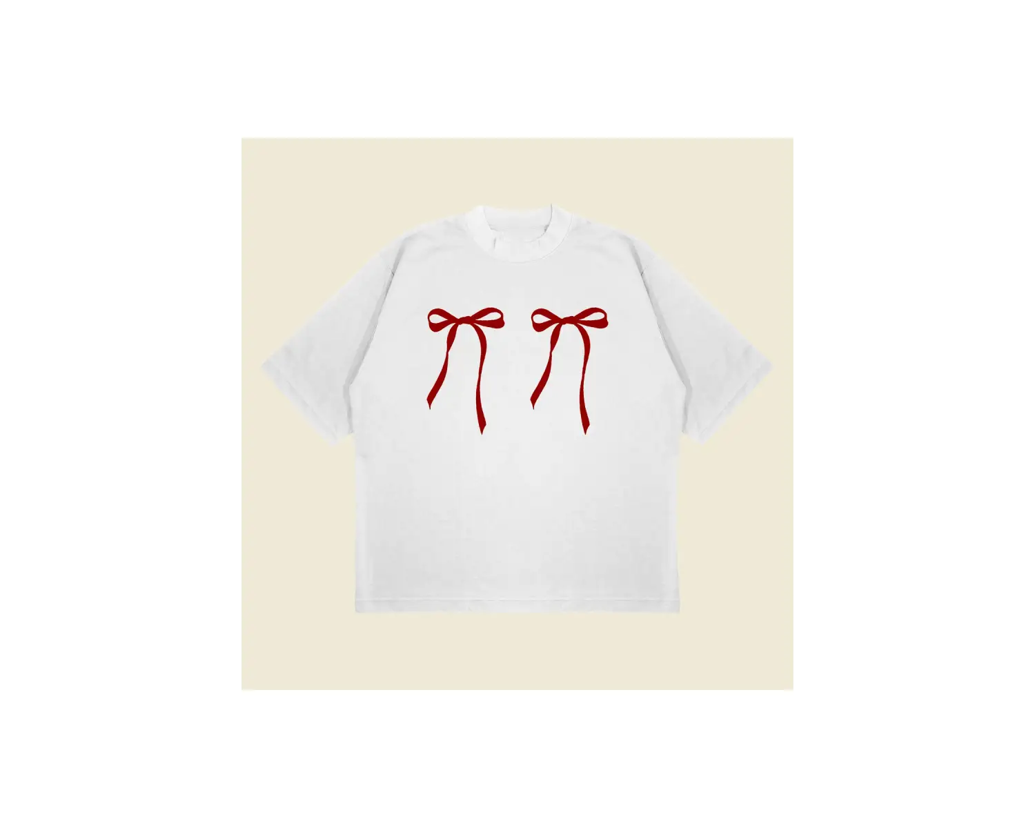 Kırmızı Fiyonk Baskılı Oversize Unisex Pamuklu Nefes Alan Kalın Kumaşlı