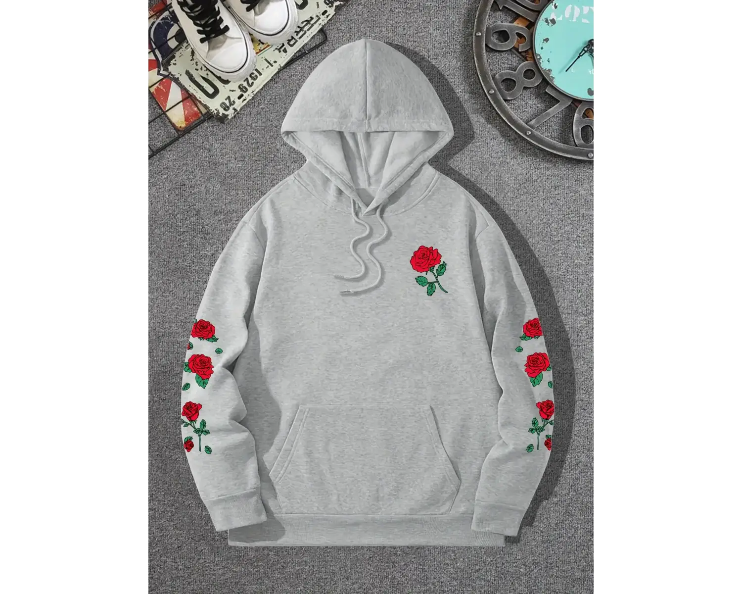 Kırmızı gül baskılı Hoodies rahat sokak kadın tişörtü rahat polar yumuşak kazak Clothes gevşe