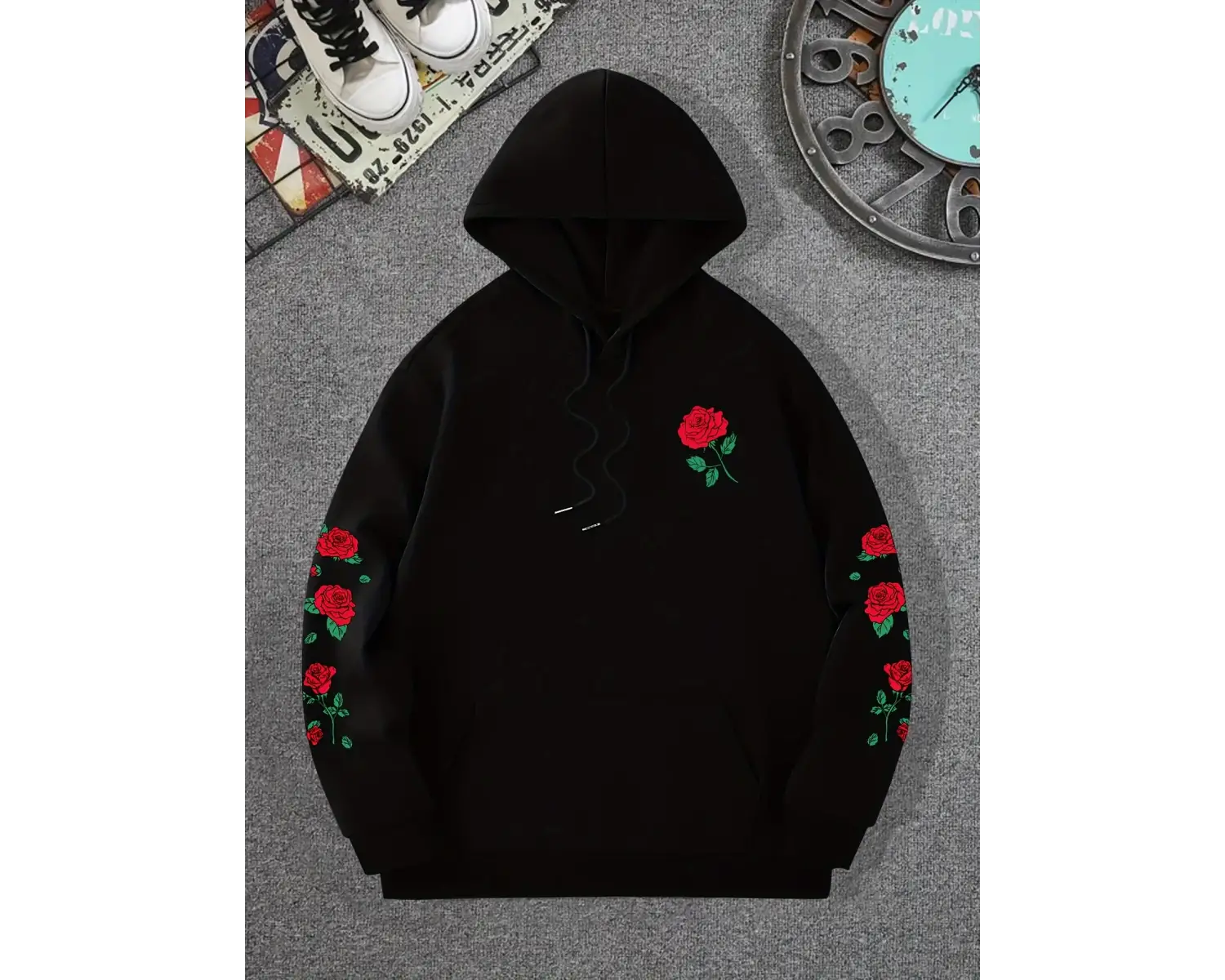 Kırmızı gül baskılı Hoodies rahat sokak kadın tişörtü rahat polar yumuşak kazak Clothes gevşe