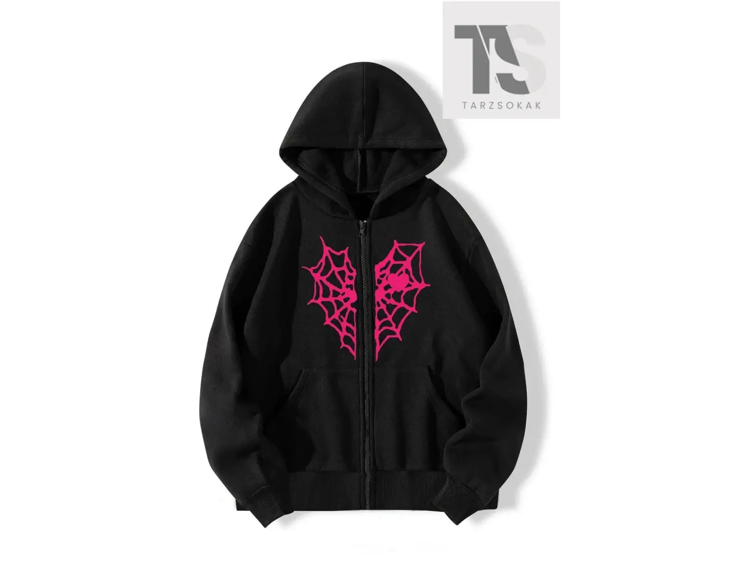 Kırmızı Kalp Örümcek Ağ Sweatshirt Fermuarlı Hırka