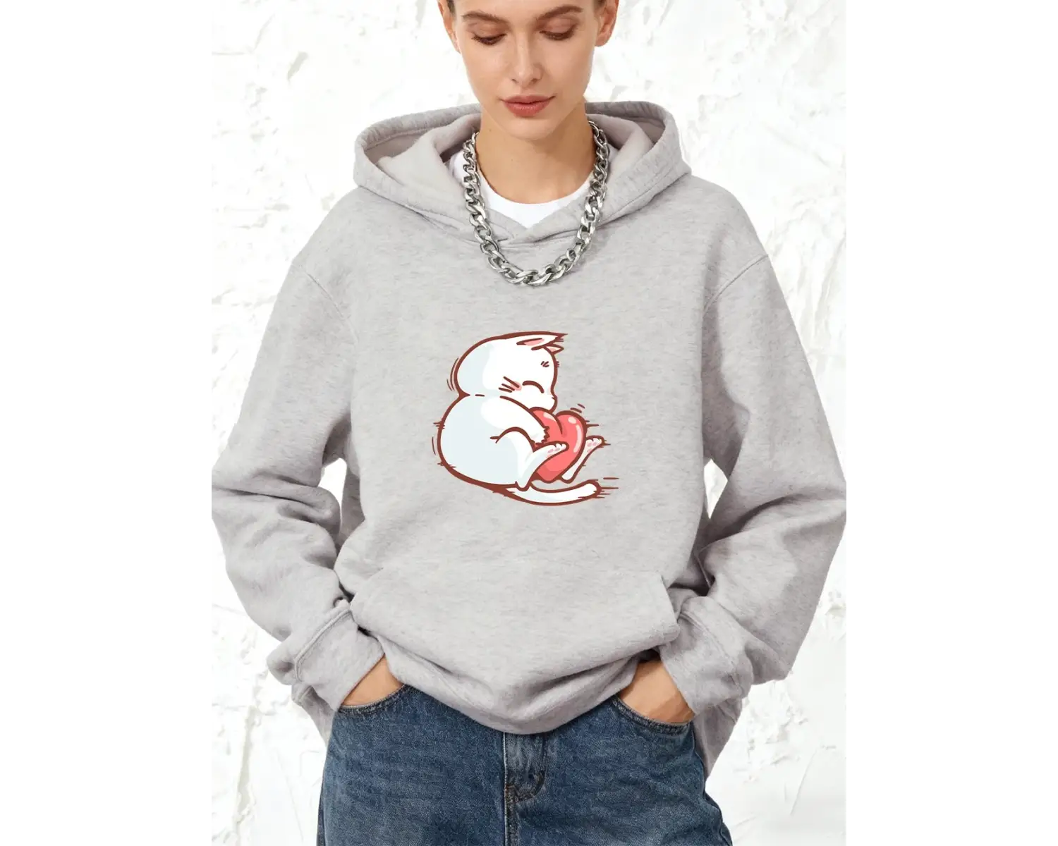 Kırmızı Kalpli Kedi Baskılı Kapüşonlu Sweatshirtler Pamuklu Kadın Eşofman Cepli Kazak Sportif