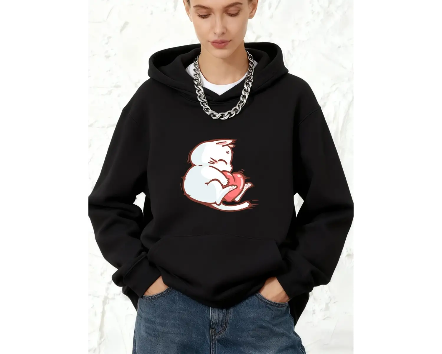 Kırmızı Kalpli Kedi Baskılı Kapüşonlu Sweatshirtler Pamuklu Kadın Eşofman Cepli Kazak Sportif