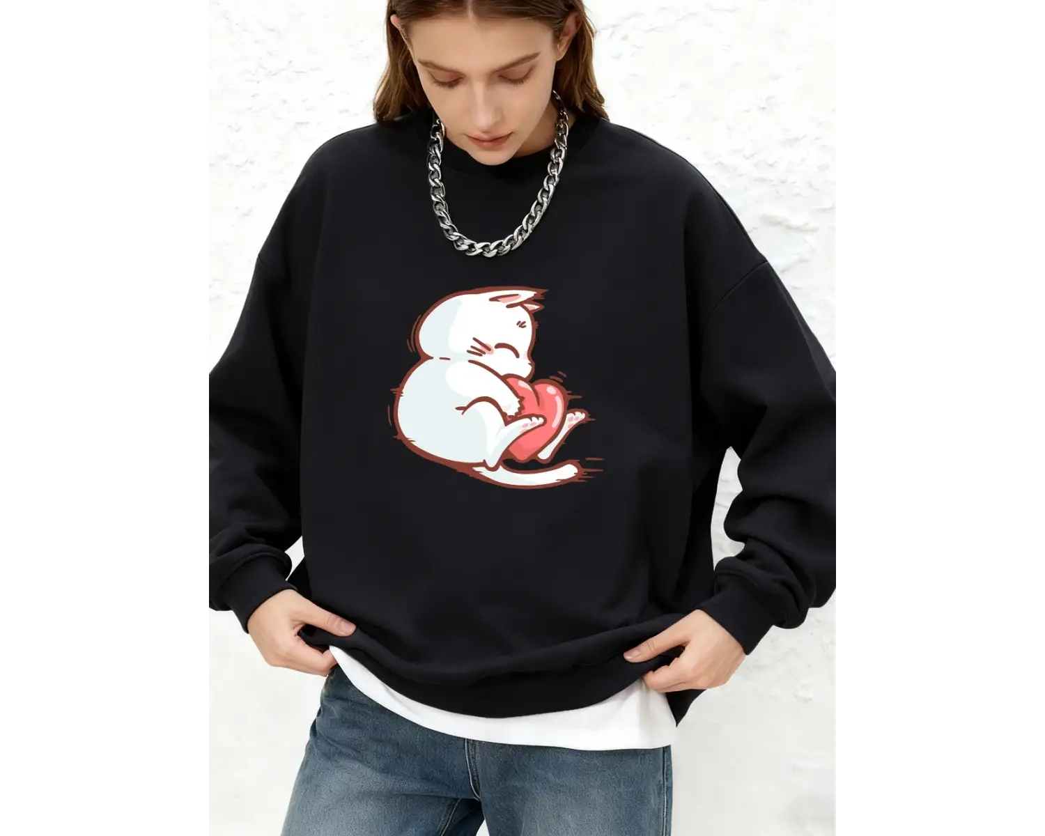 Kırmızı Kalpli Kedi Baskılı Sweatshirt Kadın Günlük Bol Jogger Kapüşonlu Sonbahar Uzun Kollu