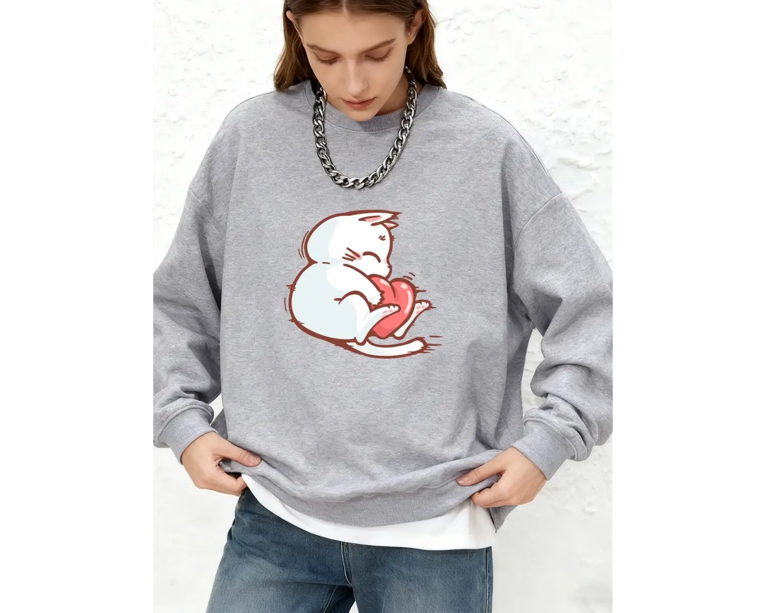 Kırmızı Kalpli Kedi Baskılı Sweatshirt Kadın Günlük Bol Jogger Kapüşonlu Sonbahar Uzun Kollu