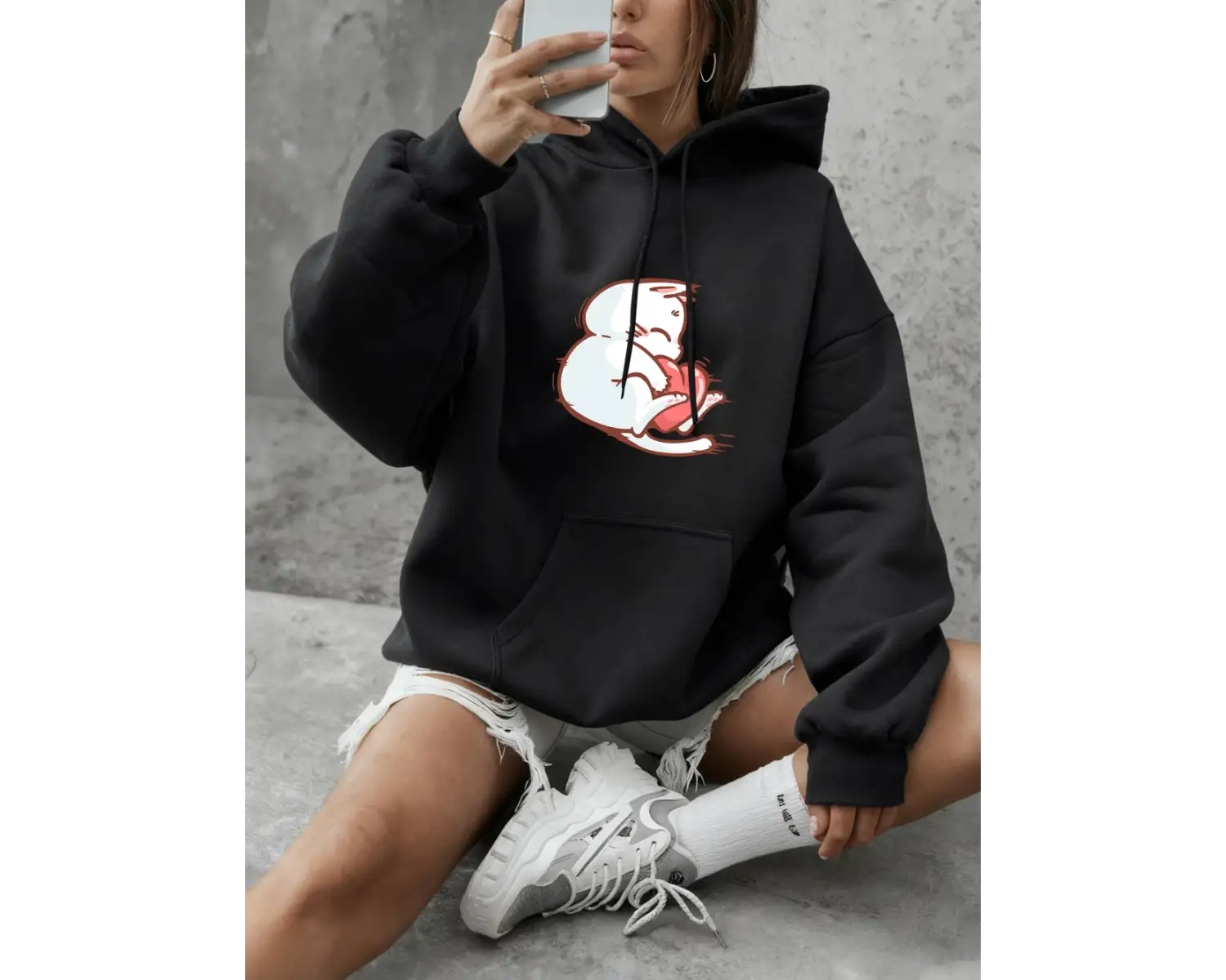 Kırmızı Kalpli Kedi Baskılı Sweatshirtler Kadın Günlük Bol Kapüşonlu Üstler Kışlık Polar Sıca