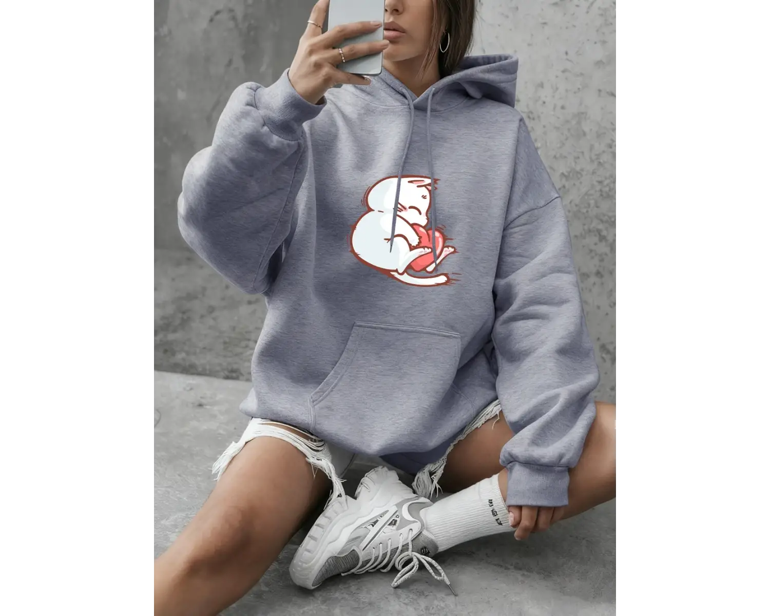 Kırmızı Kalpli Kedi Baskılı Sweatshirtler Kadın Günlük Bol Kapüşonlu Üstler Kışlık Polar Sıca