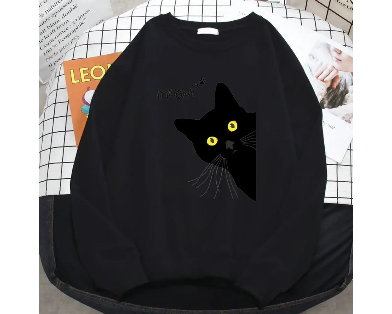 Kış Harajuku Kadın Kazak Miyav Siyah Kedi Baskı Hoodies Rahat Tüm Matematik Kazak Crewneck Ge