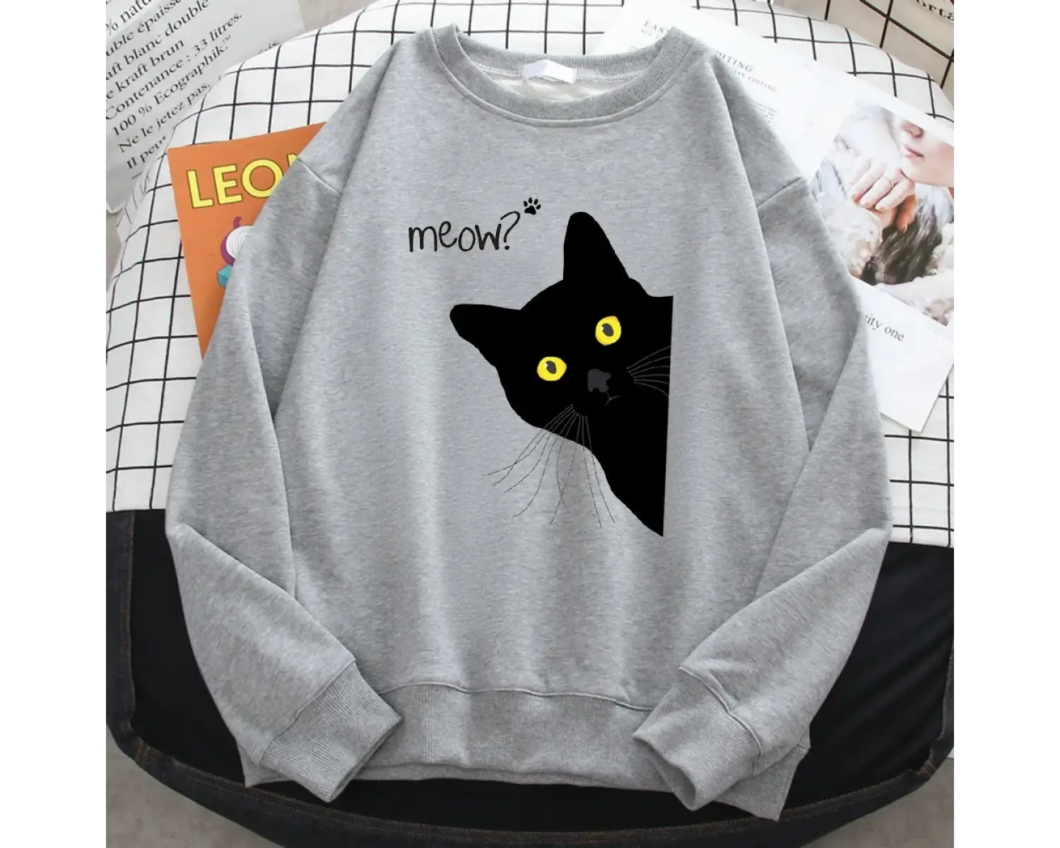 Kış Harajuku Kadın Kazak Miyav Siyah Kedi Baskı Hoodies Rahat Tüm Matematik Kazak Crewneck Ge