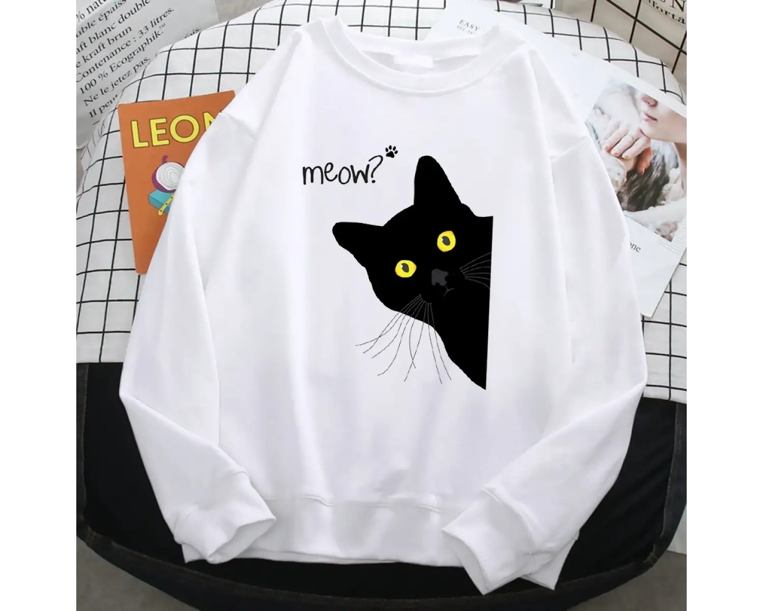 Kış Harajuku Kadın Kazak Miyav Siyah Kedi Baskı Hoodies Rahat Tüm Matematik Kazak Crewneck Ge
