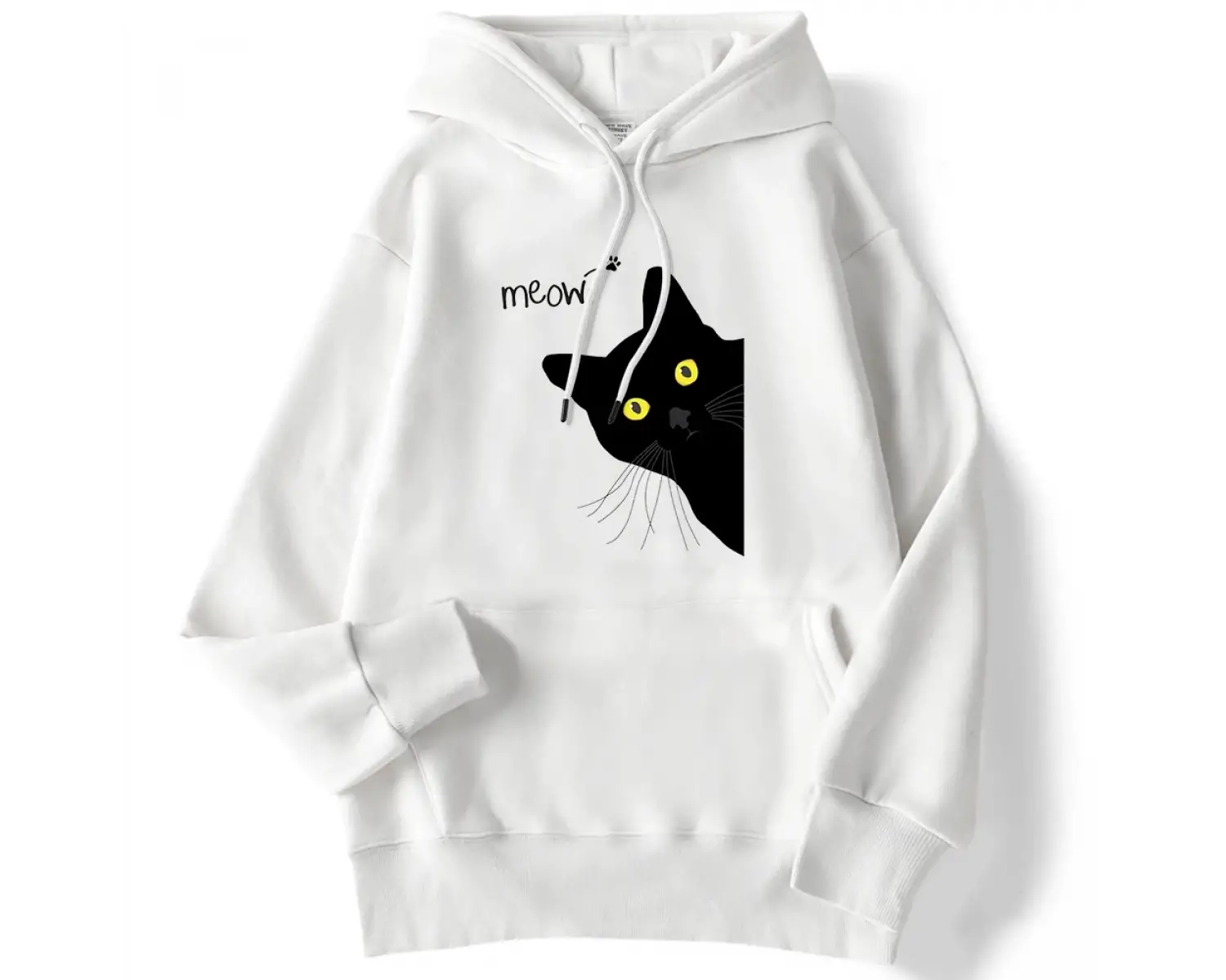 Kış Kadın Hoodies Miyav Siyah Kedi Baskılı Kazak Cep Damla Kollu Hoody Nefes Gevşek Tişörtü S