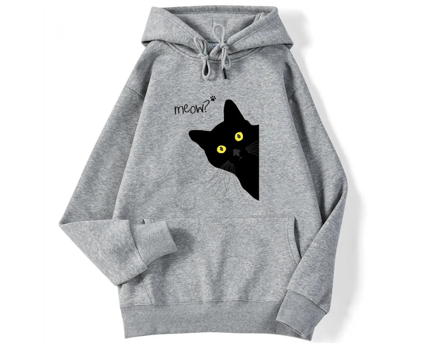 Kış Kadın Hoodies Miyav Siyah Kedi Baskılı Kazak Cep Damla Kollu Hoody Nefes Gevşek Tişörtü S