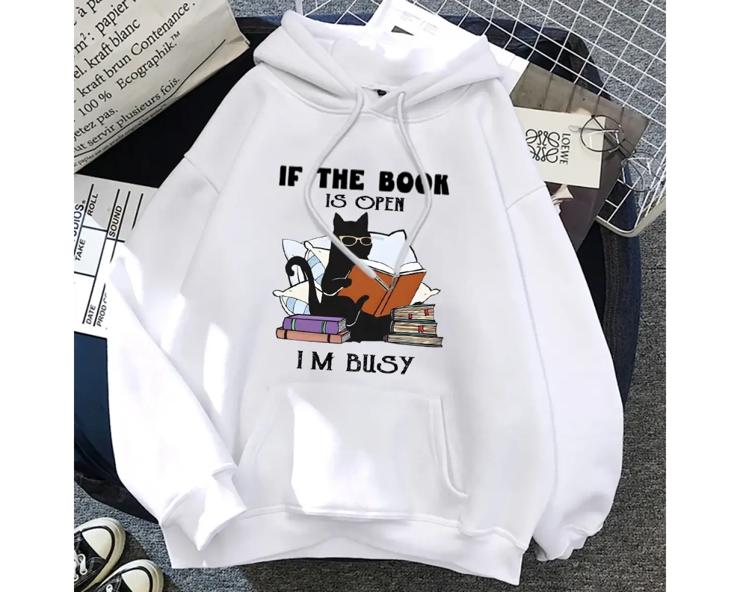 Kitap Açıksa Ben Meşgul Siyah Kedi Hoody Kadın Rahat Bisiklet Yaka Kapüşonlular Moda Bol Giys