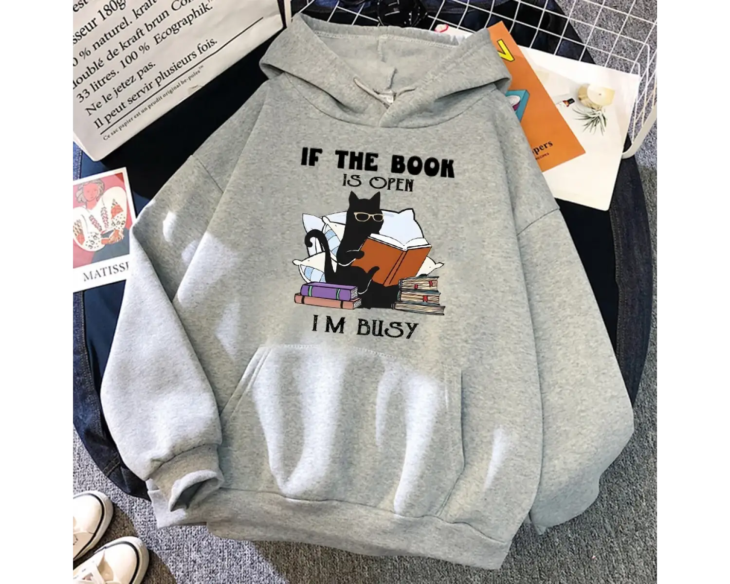 Kitap Açıksa Ben Meşgul Siyah Kedi Hoody Kadın Rahat Bisiklet Yaka Kapüşonlular Moda Bol Giys