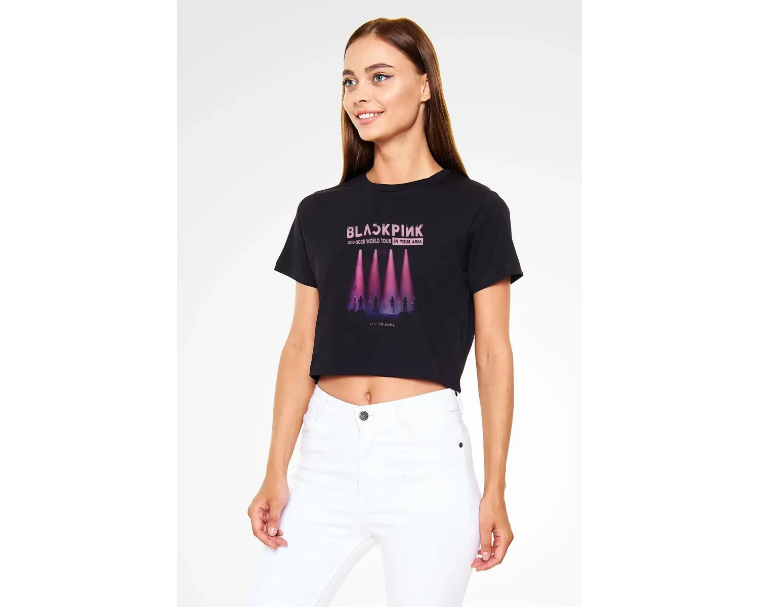 Ko Buta Black Pink Baskılı Kadın Siyah Crop Top Tişört Ct18561