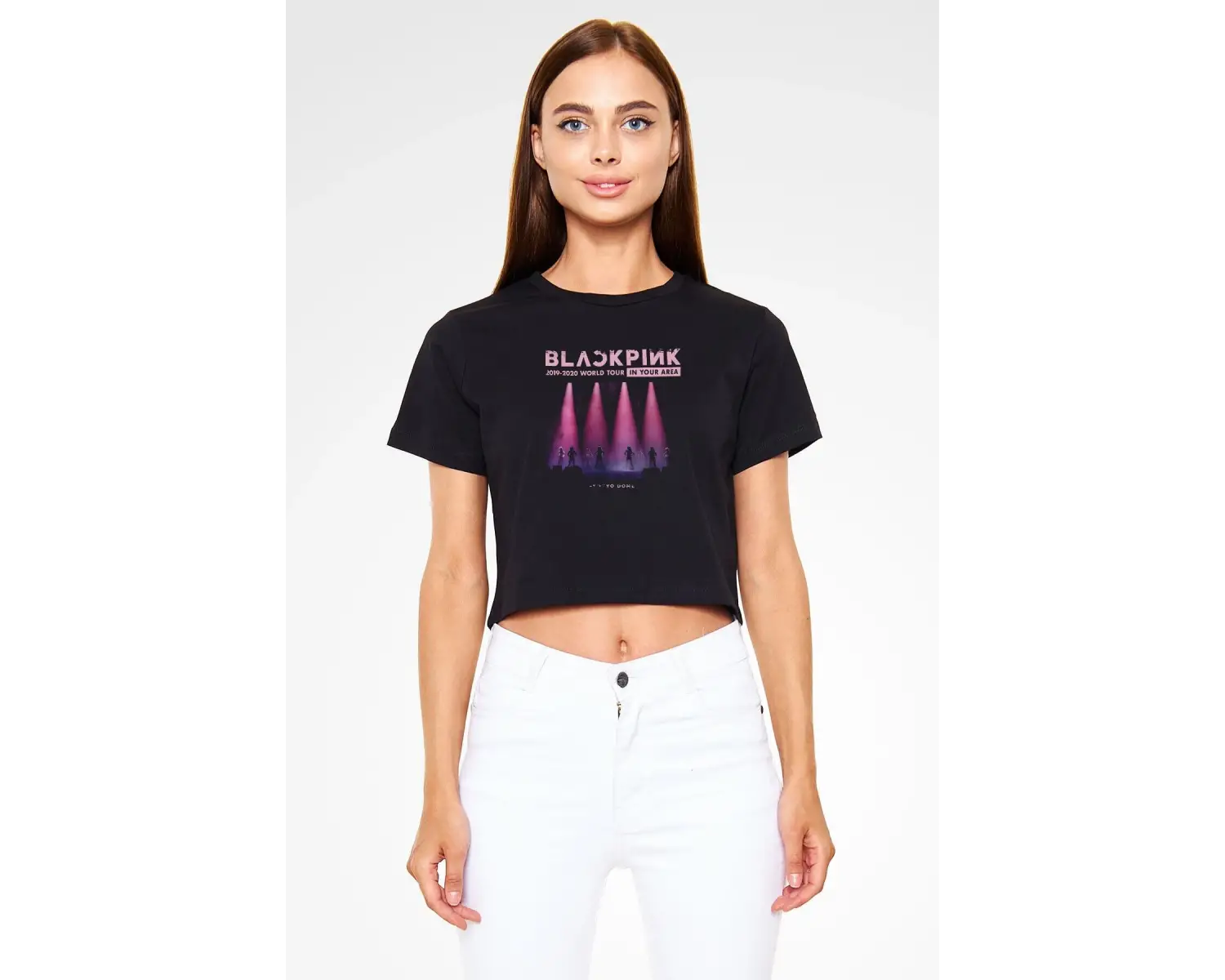 Ko Buta Black Pink Baskılı Kadın Siyah Crop Top Tişört Ct18561