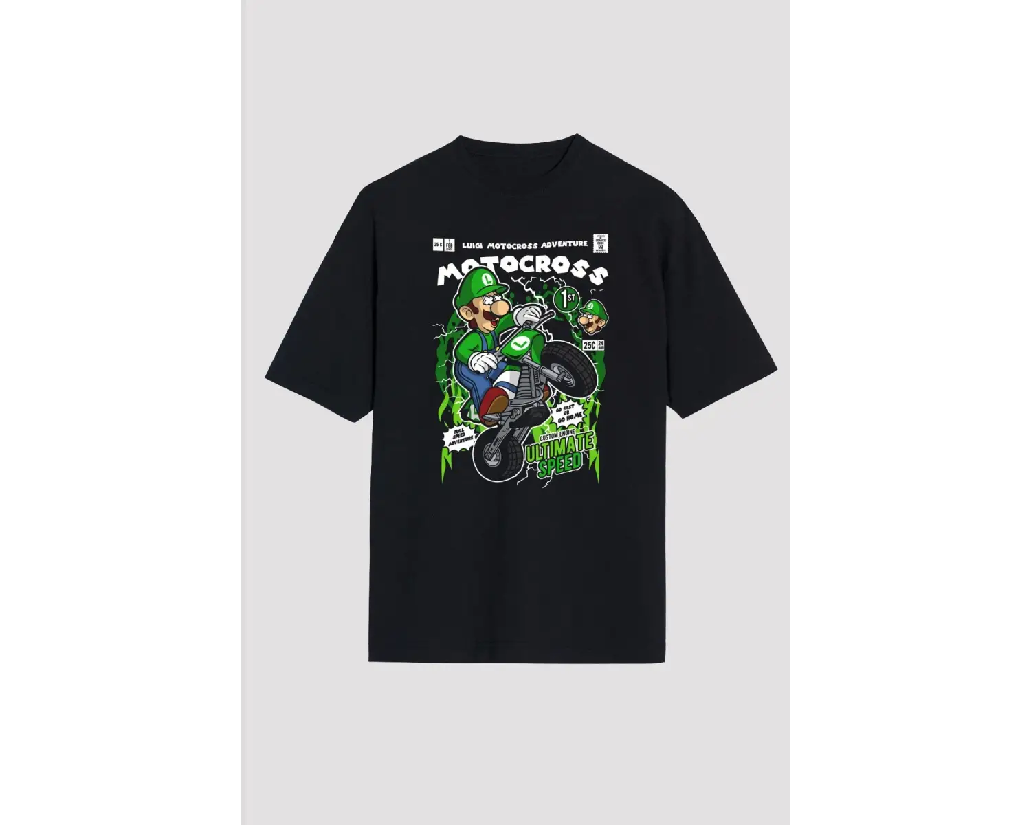 Ko Buta Luigi Motocross Baskılı Unisex Siyah Oversize Tişört Os17889