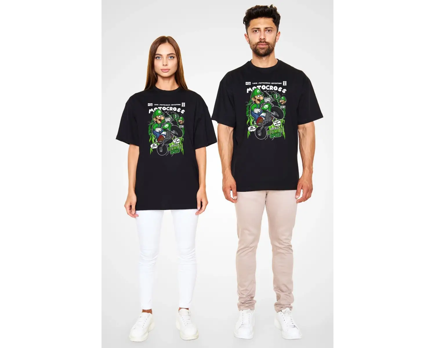Ko Buta Luigi Motocross Baskılı Unisex Siyah Oversize Tişört Os17889