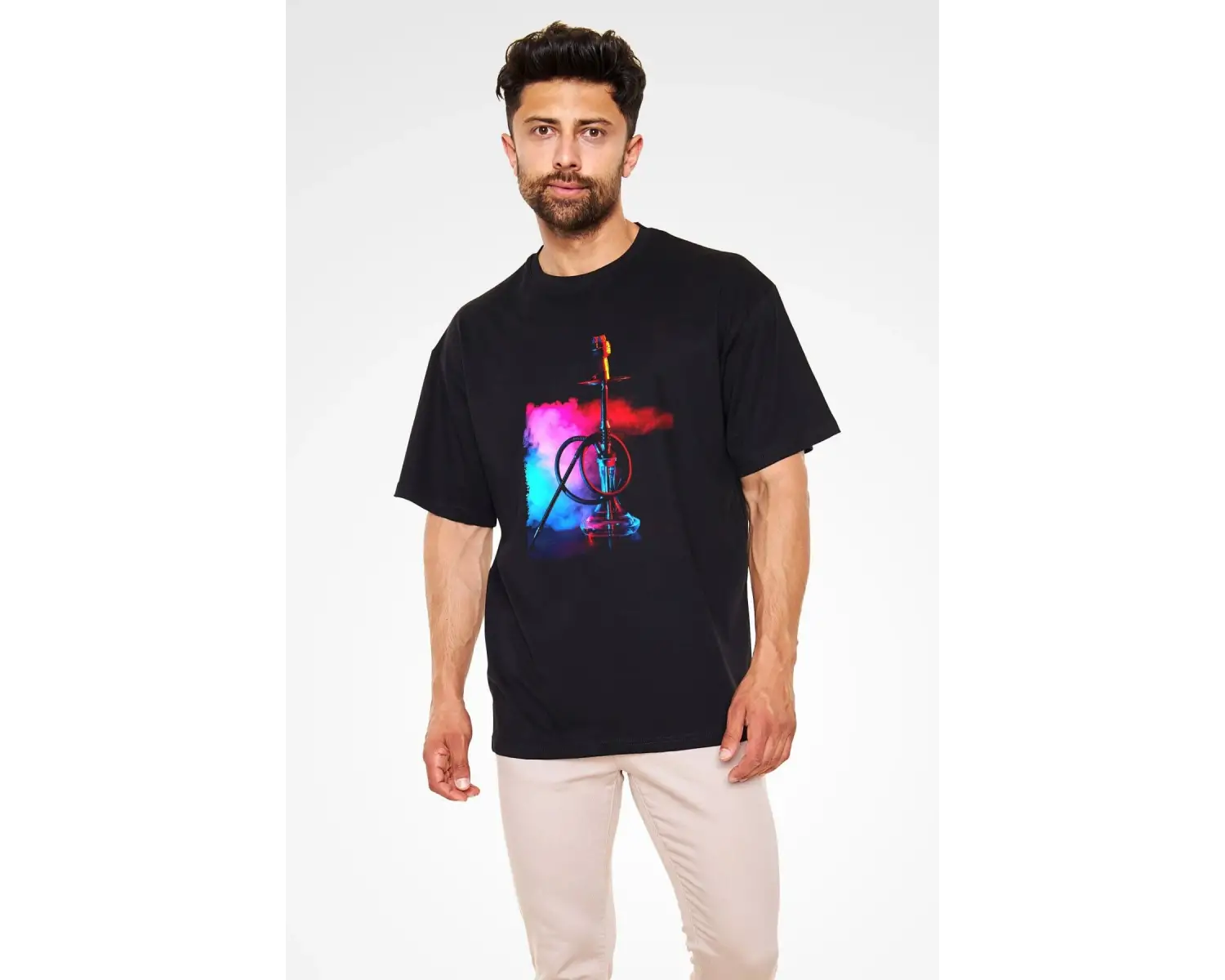 Ko Buta Nargile Baskılı Unisex Siyah Oversize T-shirt Os9944