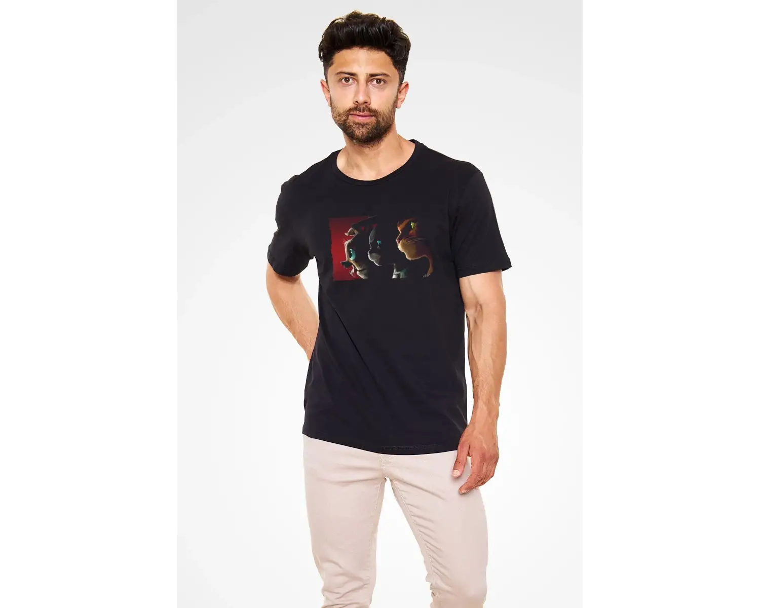 Ko Buta Unisex Çizmeli Kedi (PUSS İN BOOTS) Baskılı Siyah T-shirt T19458