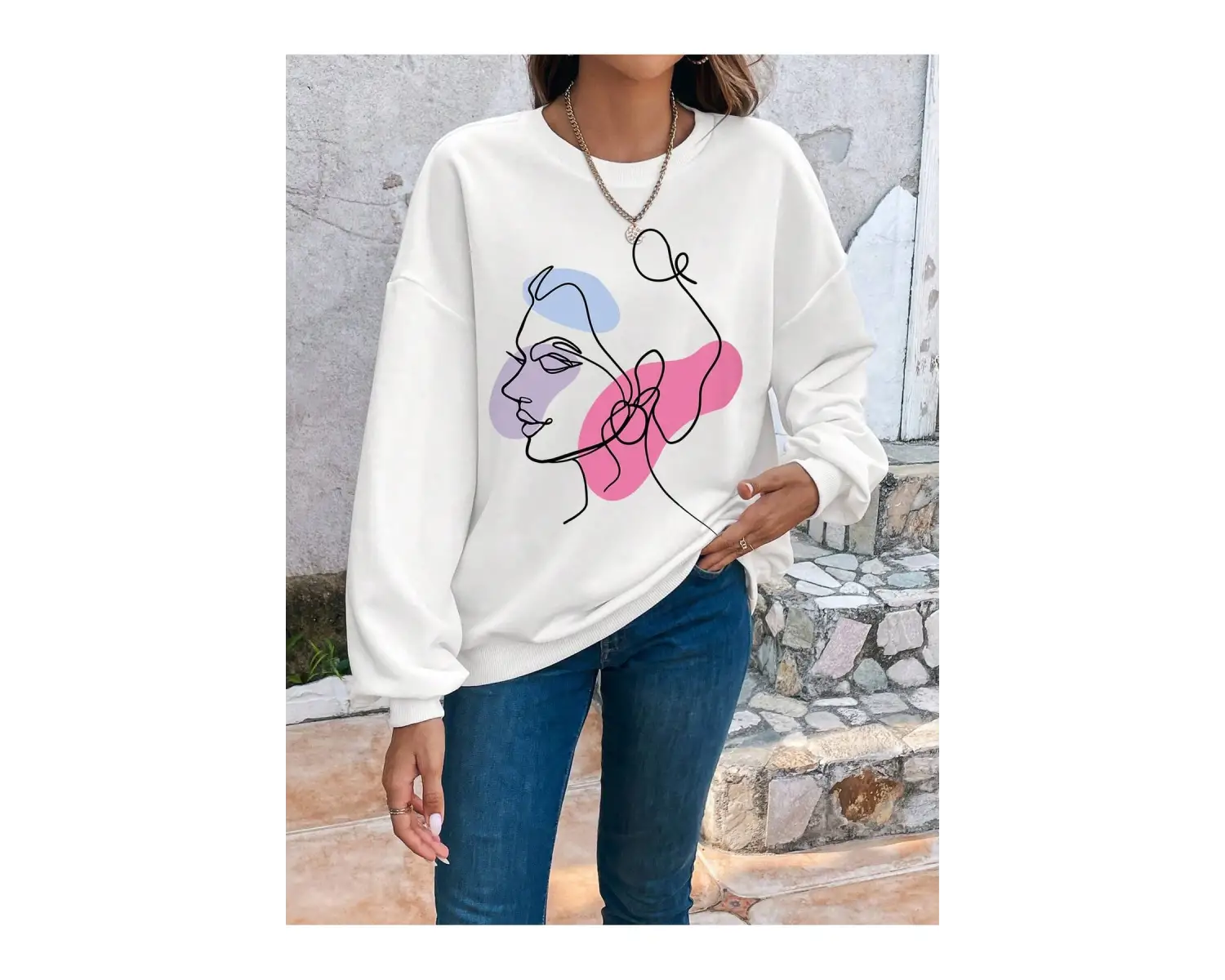 KOD ADR-SHEN Clasi Abstract Figure Graphic Drop Shoulder Sweatshirt Beyaz