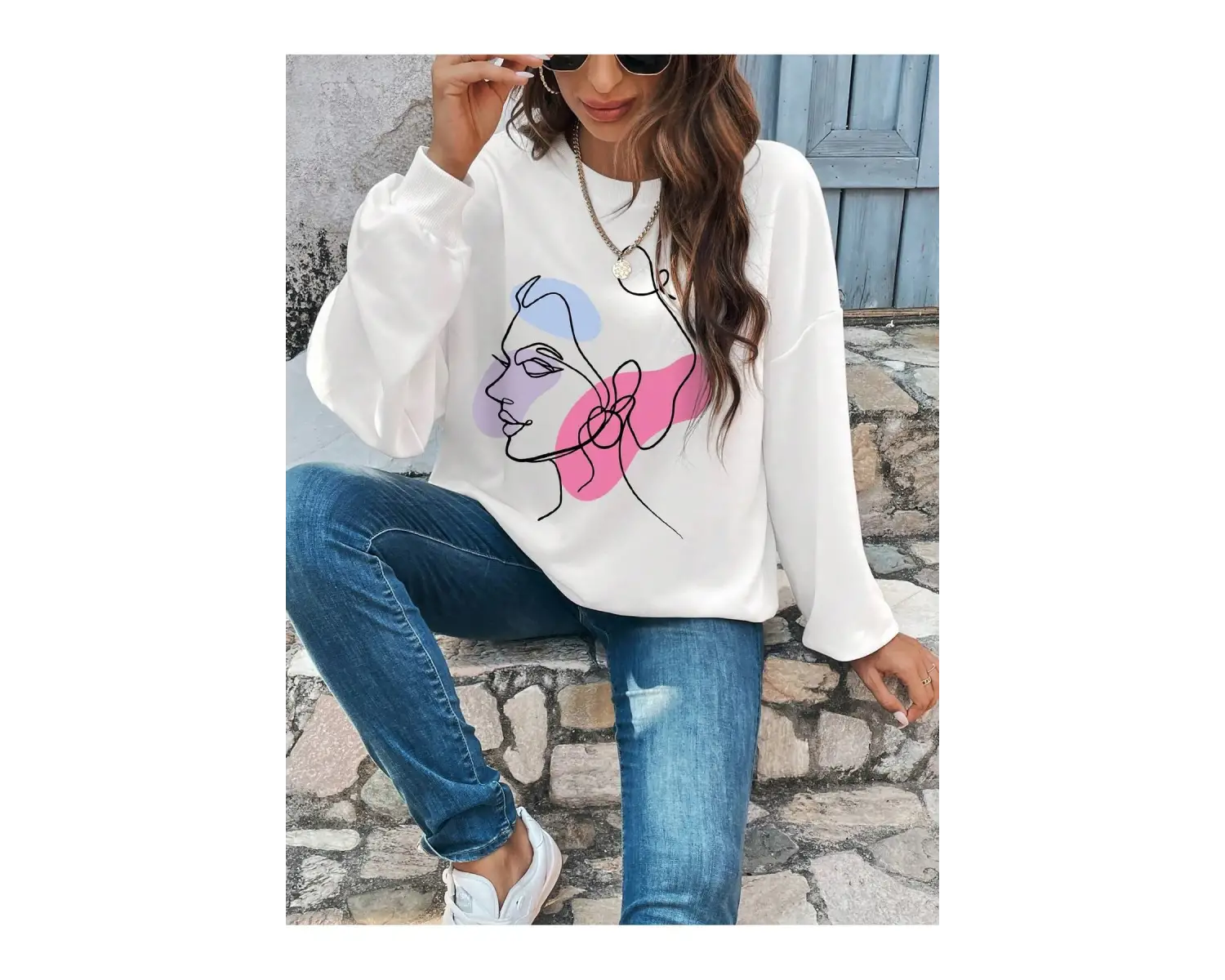 KOD ADR-SHEN Clasi Abstract Figure Graphic Drop Shoulder Sweatshirt Beyaz