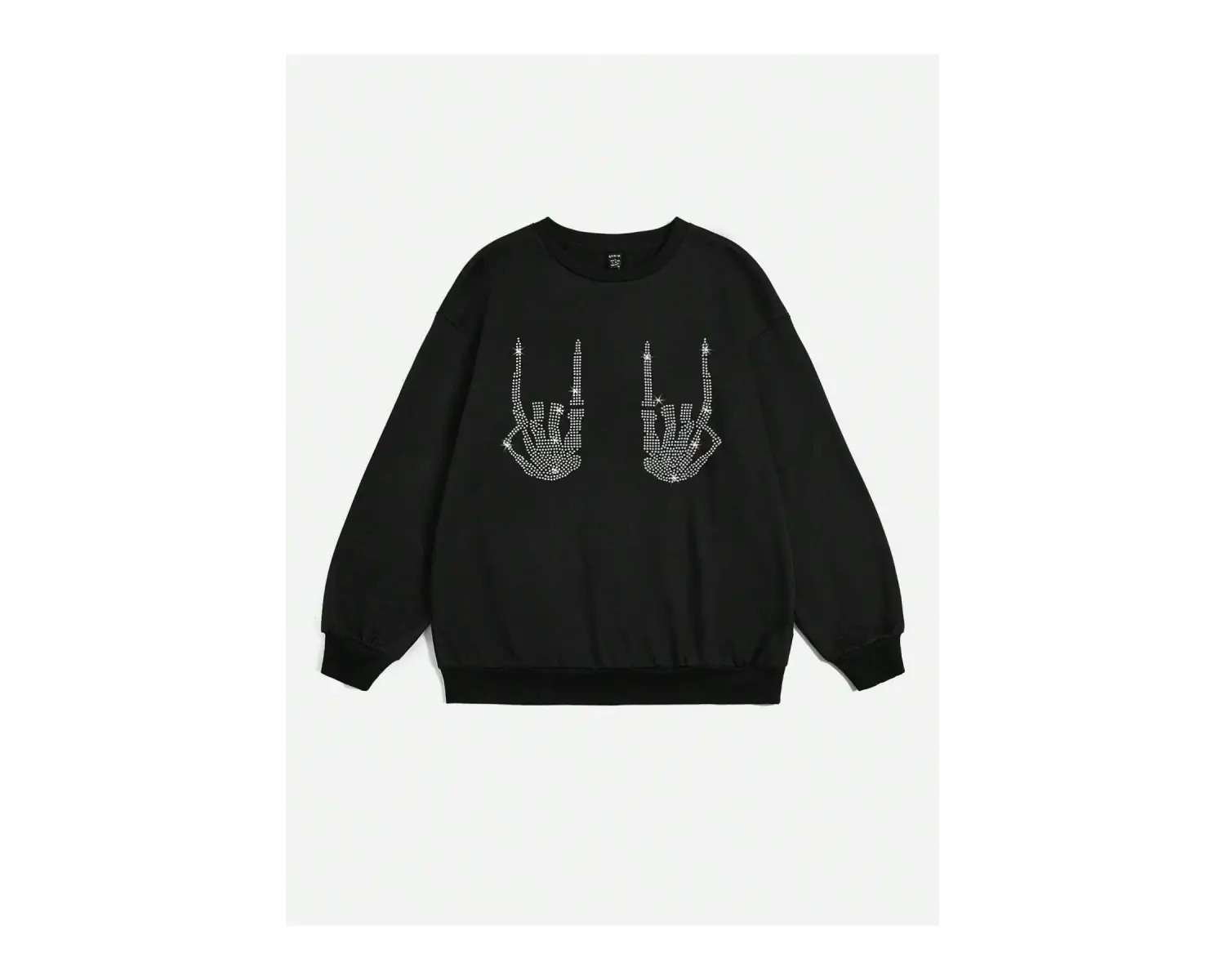 KOD ADR-SHEN EZwear Rhinestone Skeleton Finger Pattern Drop Shoulder Sweatshirt Siyah