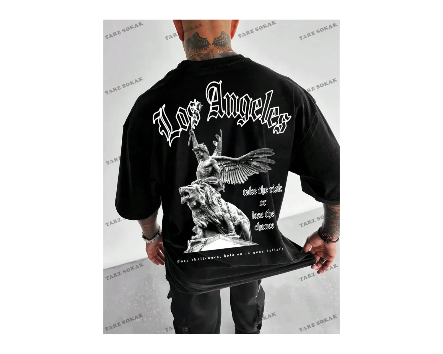 KOD Trend EMRG Erkek Büyük Beden Düşük Omuzlu Tişört Çizgi Film Karakteri ve Harf Baskılı