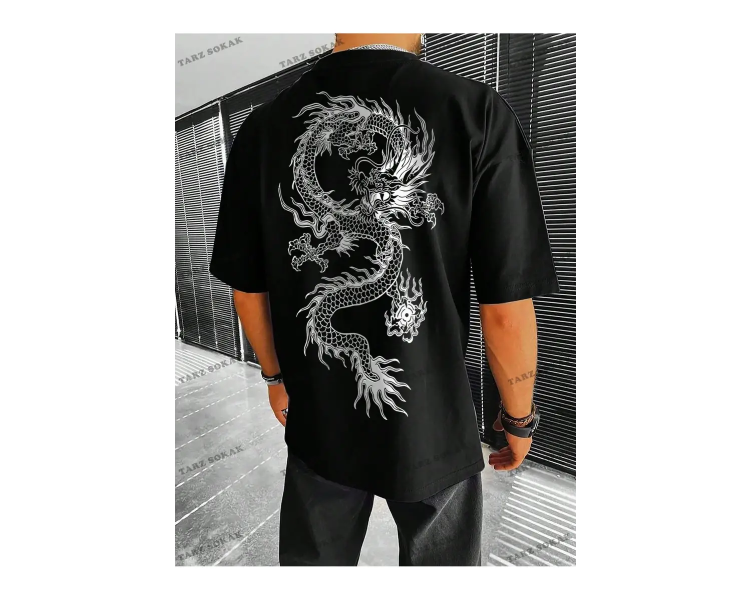 KOD Trend EMRG Erkek Ejderha Grafikli Düşük Omuz Tişörtü