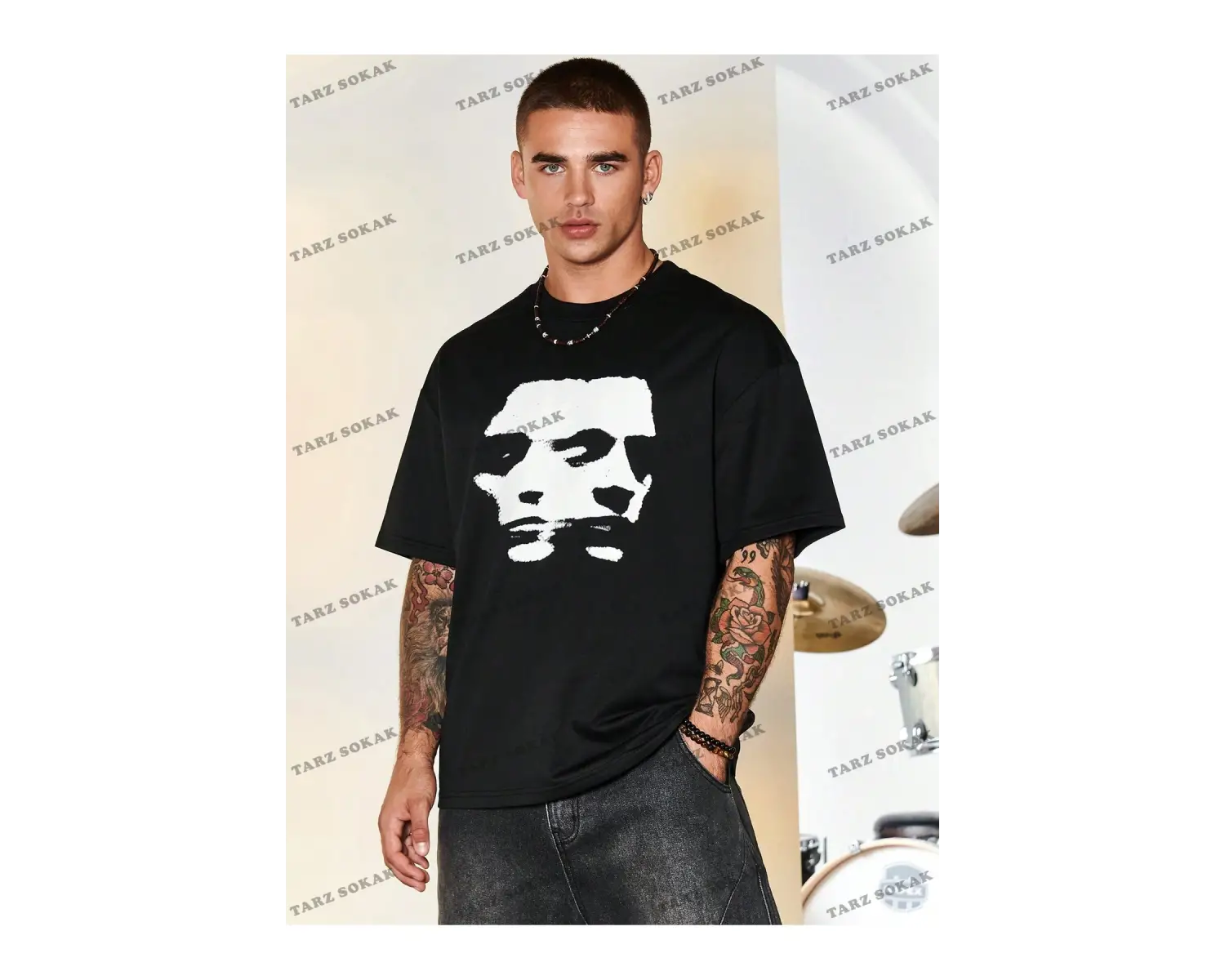 KOD Trend EMRG Loose Fit Erkek Grafik Grafik Düşük Omuz Tişört