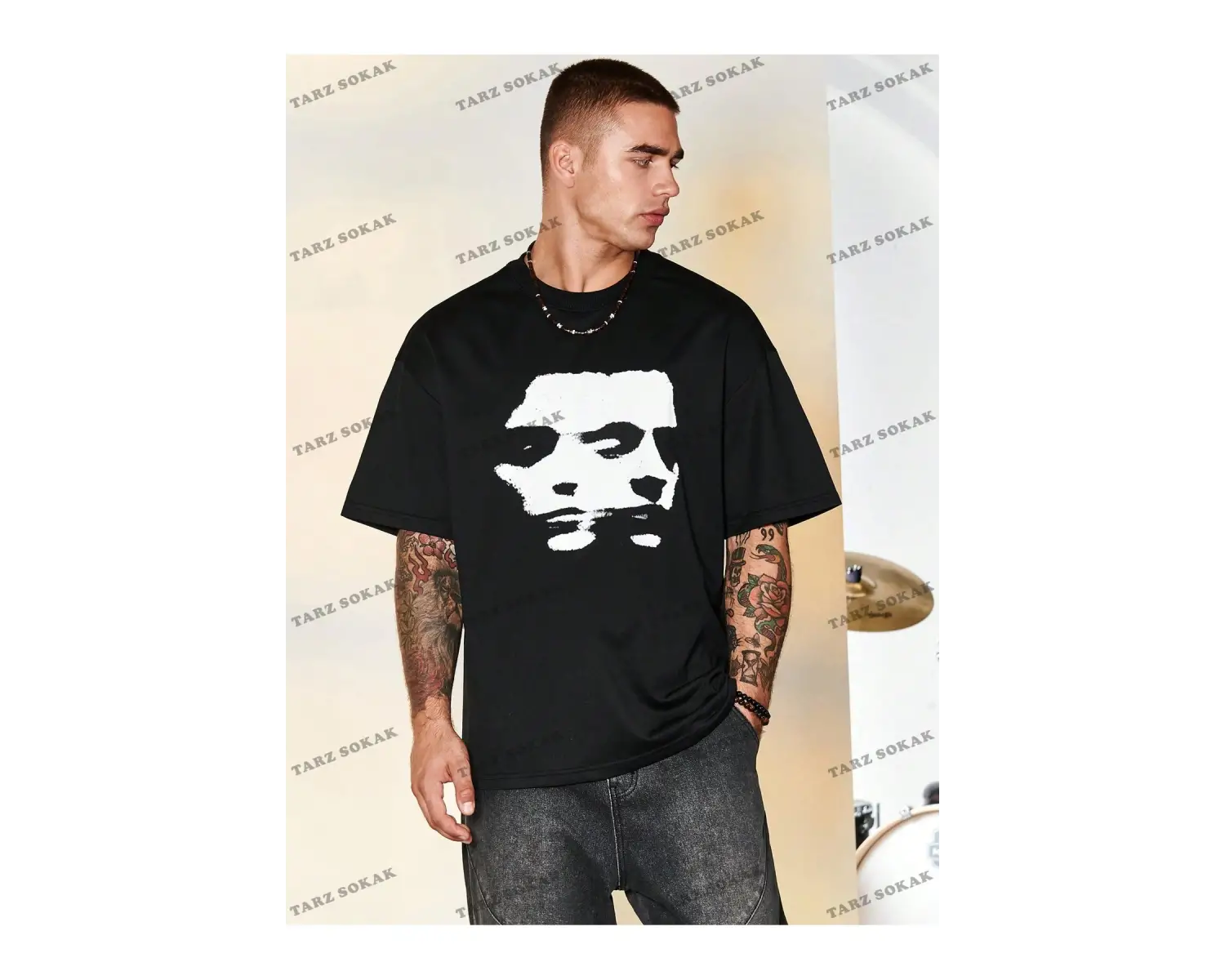 KOD Trend EMRG Loose Fit Erkek Grafik Grafik Düşük Omuz Tişört