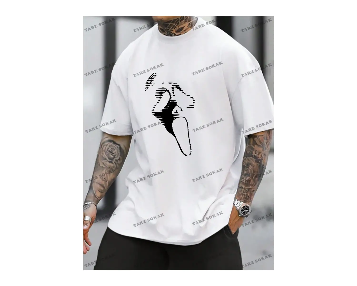 KOD Trend Erkek Baskılı Bol Düşük Omuz Tişört