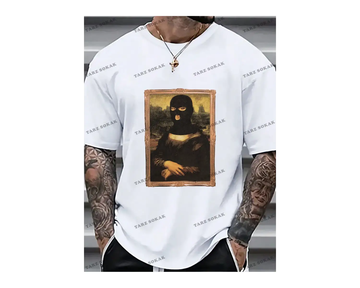 KOD Trend Erkek Büyük Beden Komik Mona Lisa Baskılı T-Shirt