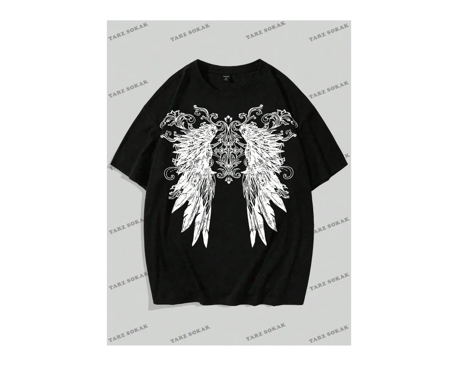 KOD Trend Grunge Punk Erkek Kanat Baskı Yuvarlak Yaka Tişört