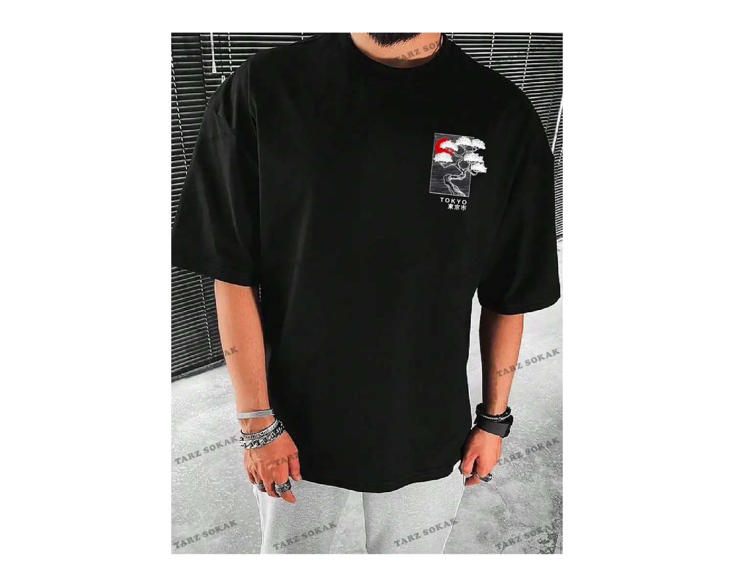 KOD Trend Homme Erkek Japon Harfli ve Ağaç Baskılı Tişört