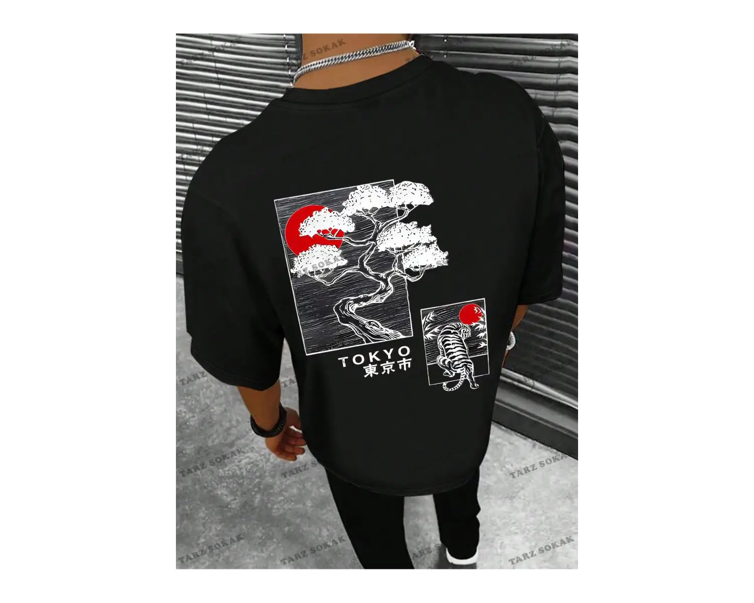 KOD Trend Homme Erkek Japon Harfli ve Ağaç Baskılı Tişört