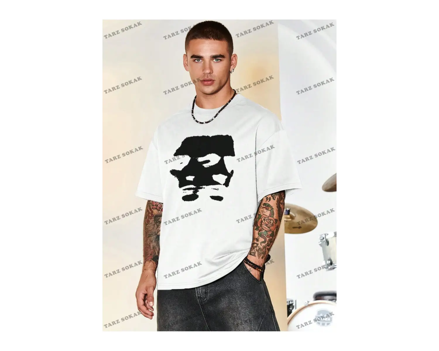 KOD Trend Hypemode Baskılı Karakterli Erkek Gevşek Düşük Omuz Tişört