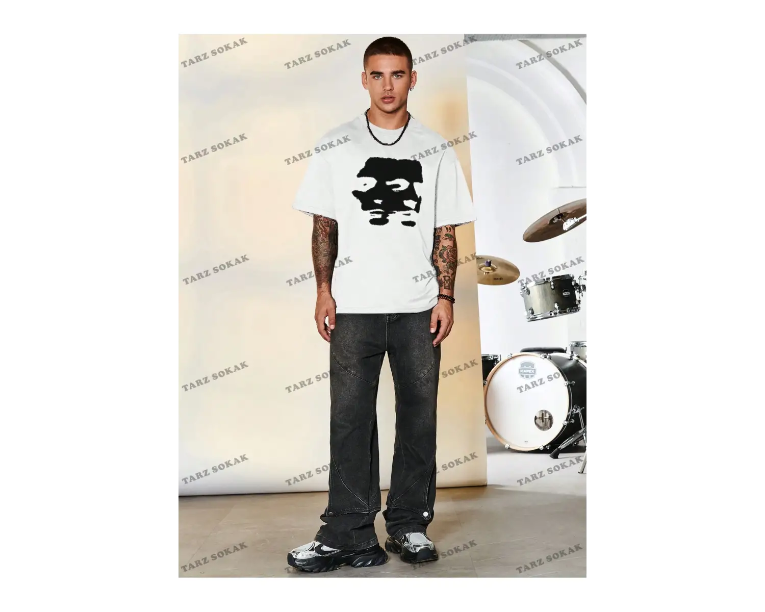 KOD Trend Hypemode Baskılı Karakterli Erkek Gevşek Düşük Omuz Tişört