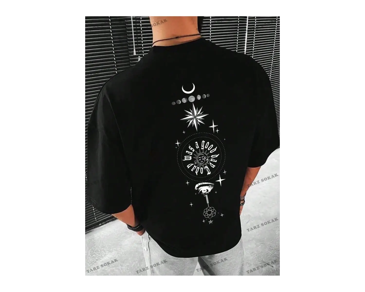 KOD Trend Hypemode Erkek Plus Güneş ve Ay Baskılı Damla Omuz Tişört