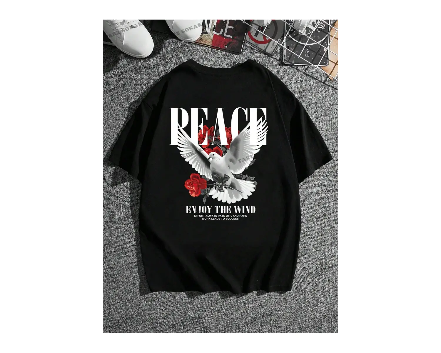 KOD Trend Hypemode Loose Men Plus Güvercin ve Slogan Baskılı Grafikli Tişört