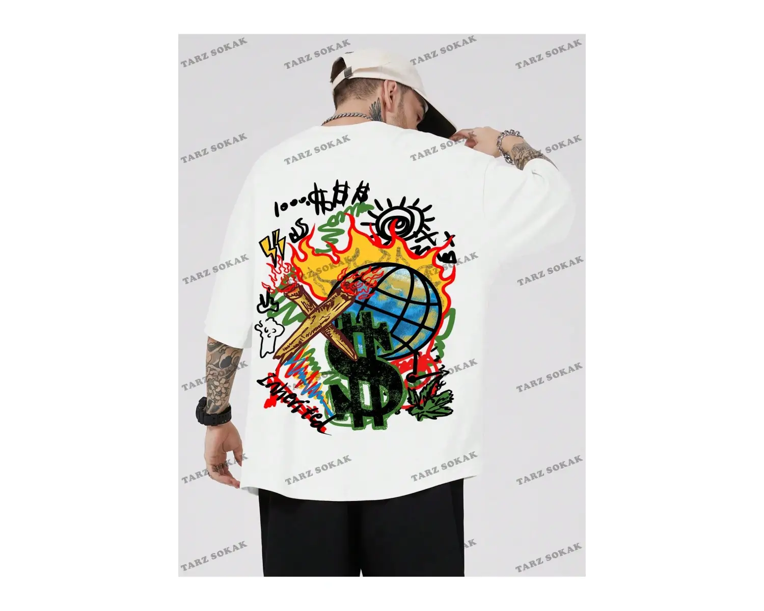 KOD Trend Street Life Erkek Karikatür ve Mektup Grafikli Tişört